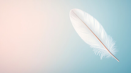Obraz premium A simple white feather gently falling through the air, symbolizing lightness and peace, soft focus, pastel background, digital painting