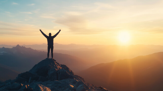 A silhouette of a person standing on a mountain peak at sunrise, arms raised, symbolizing triumph over adversity, wide shot, warm tones, cinematic