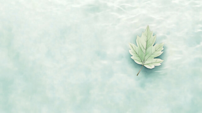 A single leaf floating on still water, undisturbed, symbolizing calmness and letting go, minimalistic, green hues, watercolor