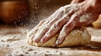 Baker’s Hand Kneading Dough: A baker's hand covered in flour, kneading dough on a wooden surface, with a warm, rustic kitchen setting.
