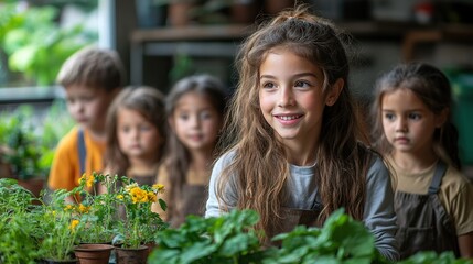 small group of kids in class learning about environment with teacher.illustration