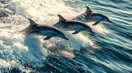 Fototapeta premium A group of dolphins swimming alongside a boat, with the waves crashing and the dolphins playfully riding the wake.