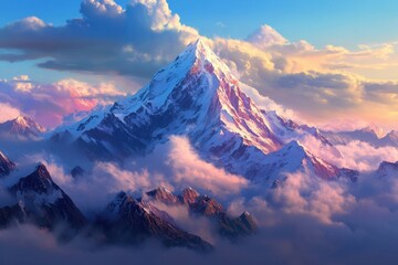 Obraz premium The snow-capped mountain peak rises majestically above the clouds, its peaks adorned with soft pink and blue hues as dawn breaks over it Generative AI