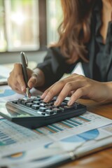 Fototapeta premium A person sitting at a desk with a calculator and papers, for personal or professional use