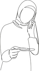One continuous single drawing line art flat doodle Muslim woman holding pregnancy test, pregnancy.calls husband to inform, joy. Isolated image hand draw contour on a white background
