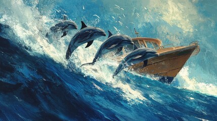 Fototapeta premium A group of dolphins swimming alongside a boat, with the waves crashing and the dolphins playfully riding the wake.