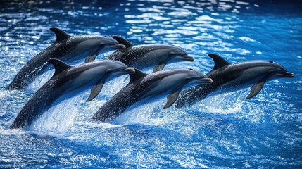 Obraz premium A group of dolphins swimming together in a synchronized formation, showing their natural grace and coordination.