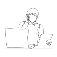 One continuous single drawing line art flat doodle Muslim businesswoman working on laptop and...