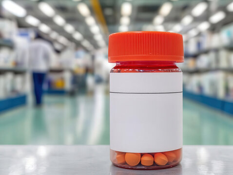 A close-up view of a pill bottle with orange pills, set in a well-stocked pharmacy environment, emphasizing health and medication. - Powered by Adobe