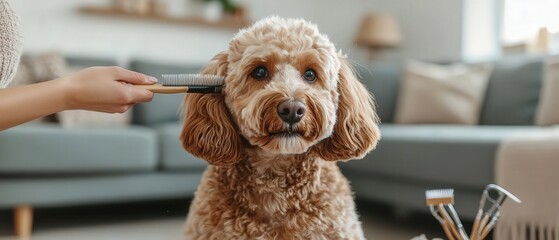 Plakat A fluffy dog receives grooming from a caring owner at home, showcasing the bond between pets and their humans in a cozy environment.