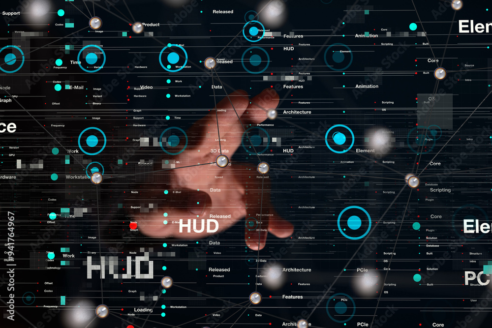 Poster Neural network 3D illustration. Big data and cybersecurity