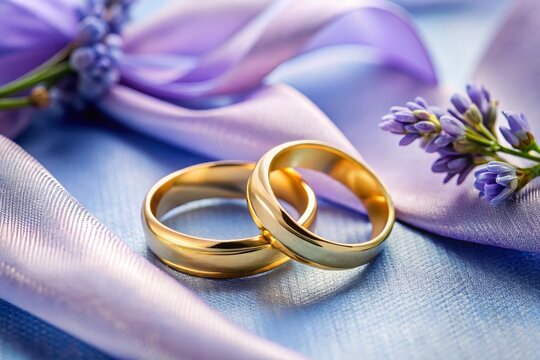 Two gold wedding rings nestled on a lavender silk sash