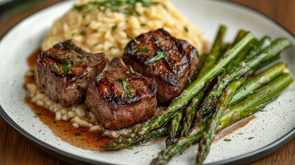 A plate of lamb chops and risotto with asparagus. The asparagus is tender and slightly charred