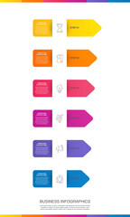 Vector infographic arrow design with six steps. Infographics template for business concept with 6 icons. Used for presentations, info graph, workflow layout, banner, process diagram, flow charts