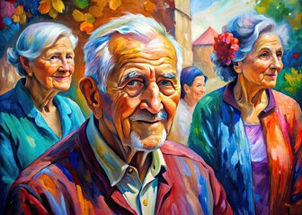 Fototapeta premium Impressionistic Bloom: Loose brushwork, vibrant hues, and blurry lines depicting elderly and diverse subjects in a vibrant, painterly style.