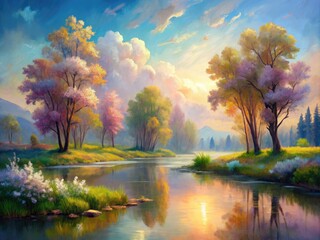 Impressionistic Serenity: Tranquil, ethereal, brushstrokes, soft colors, nature