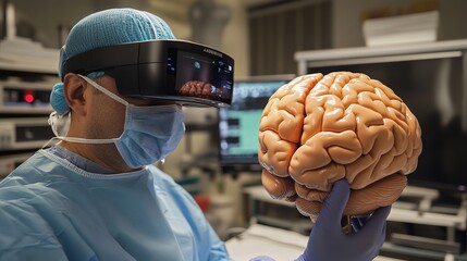 A surgeon Wearing Augmented Reality Glasses looks at a huge augmented reality representation of a huge human brain and performs brain Surgery with an Animated 3D Brain Model.