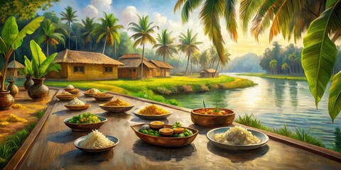 Impressionist Kerala Sadya: Delicate brushstrokes, earthy tones, tranquil setting