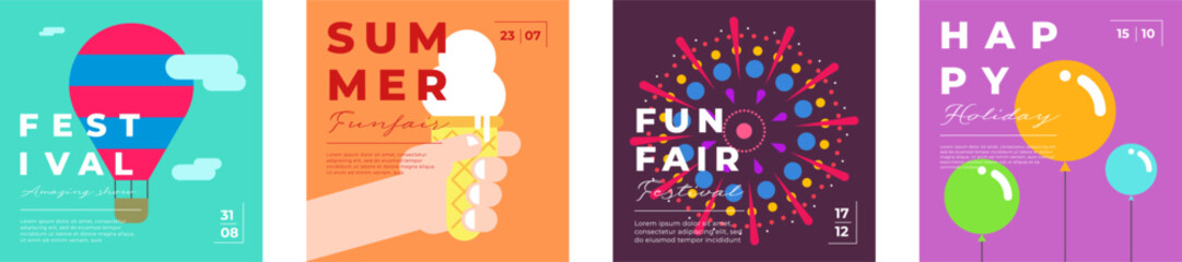 Amusement park festive minimal trendy square banner set. Hot air balloon and fireworks flyer. Ice cream on carnival funfair greeting card creative design. Fun fair festival simple modern eps cover