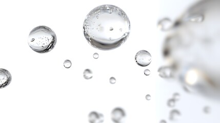 CG Floating Water Droplets: CG-rendered water droplets suspended in mid-air, perfectly round and transparent against a white background.
