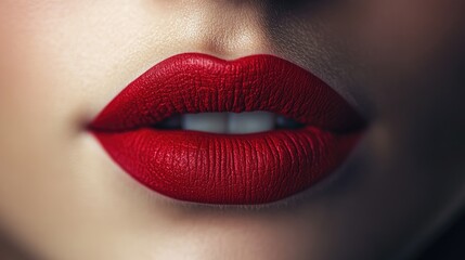 Obraz premium A macro shot of a woman's lips, coated in a rich, matte red lipstick, capturing the smooth texture and vibrant color.