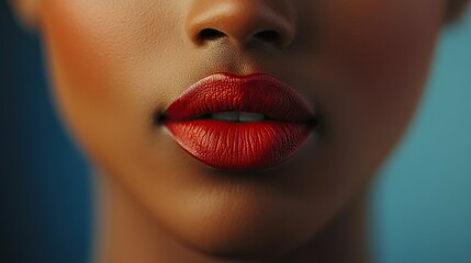 Naklejka premium A macro shot of a woman's lips, coated in a rich, matte red lipstick, capturing the smooth texture and vibrant color.