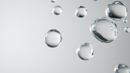 CG Floating Water Droplets: CG-rendered water droplets suspended in mid-air, perfectly round and transparent against a white background.
