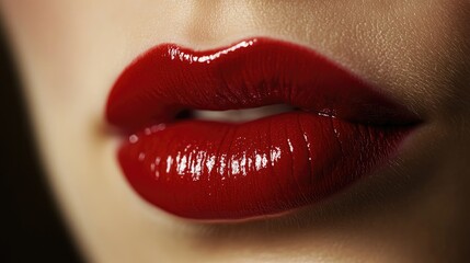 Obraz premium A macro shot of a woman's lips, with a smooth application of glossy red lipstick, capturing the vibrant color and shine.