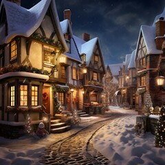 Winter night in european old town. Christmas and New Year holidays