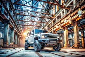 Fototapeta premium Industrial Automotive Fortress: Rugged cars with exposed metal, heavy-duty construction, and utilitarian details, representing strength, durability, and protection.