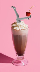 Poster. Contemporary art collage. Legs in high heels playfully emerge from creamy, whipped-topped milkshake, with cherry balanced on one foot. Concept of celebration, Friday mood, festivals.