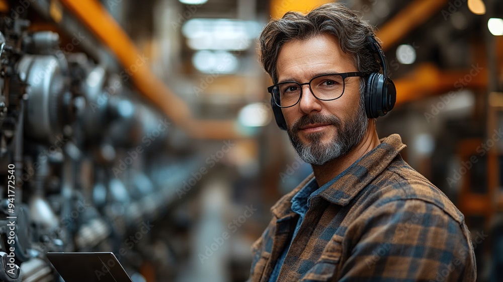 Poster an engineer man working in a factory with headset laptop.illustration