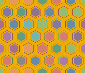 Hexagon background design. Hexagon mosaic cells with padding and inner solid cells. Large hexagon shapes. Multiple tones color palette. Seamless pattern. Tileable vector illustration.