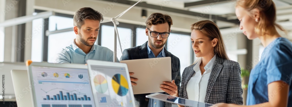 Poster Group of professionals working together on charts and graphs in a modern office setting. They collaborate with laptops and digital tools to analyze data and strategize for business growth.