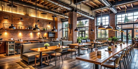 Fototapeta premium Industrial-Chic Eatery: Modern restaurant, exposed brick, sleek metalwork, warm woods, urban vibes