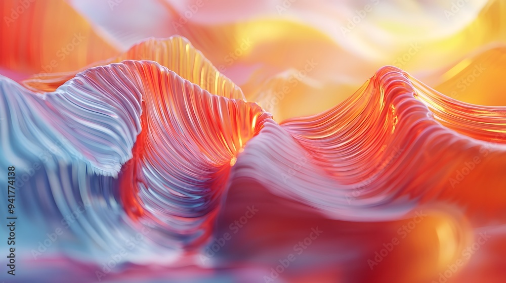 Wall mural abstract waves in vibrant hues of orange, blue, and yellow creating a dynamic visual.