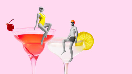 Poster. Contemporary art collage. Swimmers, man and woman, sitting on edge of sweet and sour cocktails against pink background. Concept of summer, holidays, celebration, Friday mood, festivals. Ad