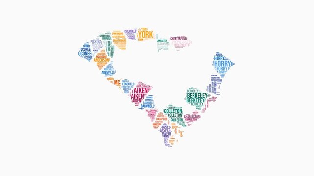 South Carolina counties word cloud animation. State logo animated video. South Carolina colored text cloud. Counties typography style motion graphics. Trending video.
