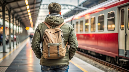 Young man with backpack standing on the platform of the station, back side. Lifestyle and travel concept.