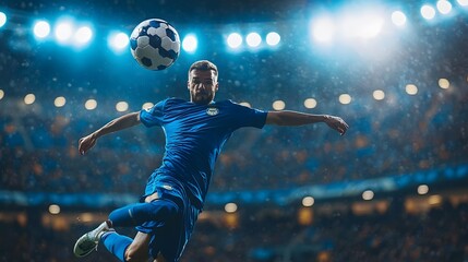 Male soccer player in blue jersey performing an aerial kick during a night match.