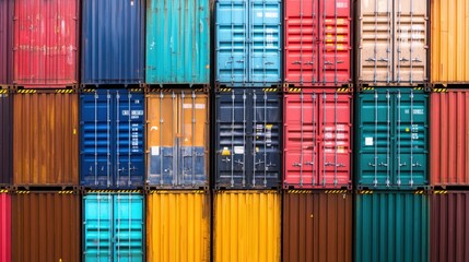 Fototapeta premium Freight containers stacked in an orderly fashion, set against a bright industrial backdrop, representing global logistics.