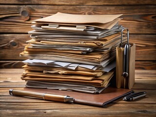 A neat stack of organized criminal case files with tabs and folders, on a worn wooden desk, surrounded by scattered papers and a single pen.