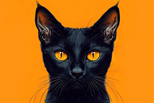 On an orange canvas, a black devilish cat stands out.