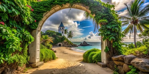 Obraz premium A Tropical Paradise View Through an Archway, Beach , Island , Nature , Vacation