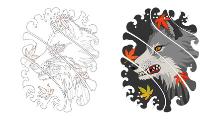 Wolf tattoo design, Japanese style irezumi tattoo concept. Line artwork included 건대타투 타투달 늑대 문신도안