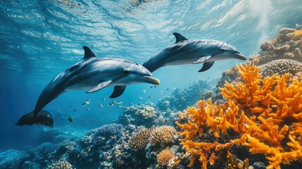 Naklejka premium A peaceful scene of dolphins swimming near a coral reef, with vibrant marine life and colorful corals in the foreground.