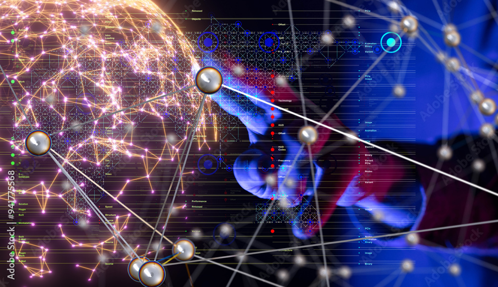 Poster Neural network 3D illustration. Big data and cybersecurity