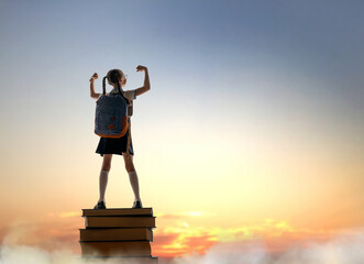 child on the tower of books