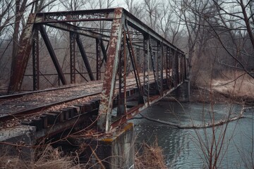 A old bridge crossing a river amidst forest surroundings