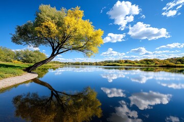 Obraz premium A sad willow tree with its branches gently touching the surface of a still pond, with the sky reflecting in the water